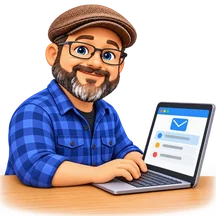 Matthew at a small desk with email open on his laptop.