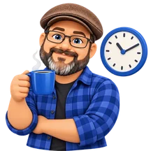 Matthew enjoying a coffee break beside a clock.