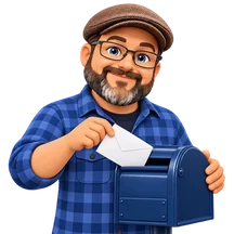 Matthew holding an envelope beside a mailbox.