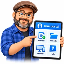 Matthew holding a tablet with invoices, projects, devices and help in a client portal.