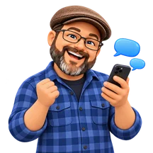Matthew laughing while checking messages on his phone.