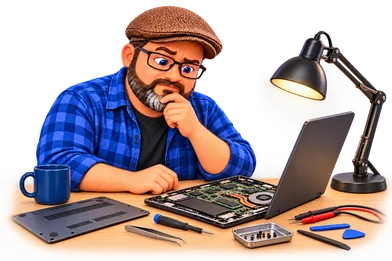 Illustration of Matthew inspecting an open laptop at a repair desk.