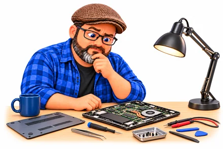 Illustration of Matthew inspecting an open laptop at a repair desk.