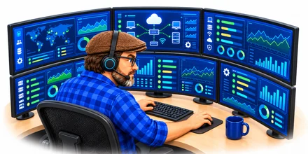Matthew concentrating on six wraparound control-panel monitors while managing IT services.