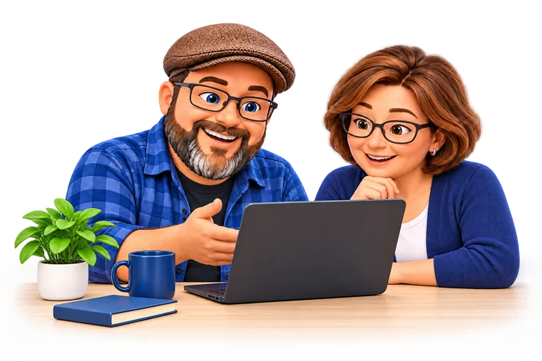 Illustration of Matthew sitting with a client and explaining something on a laptop.