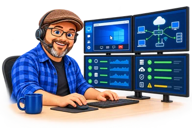 Illustration of Matthew providing remote support and monitoring computers and networks.