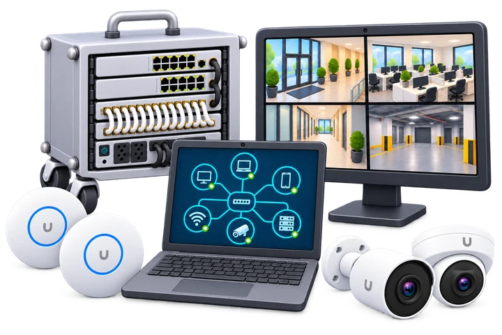 Illustrative UniFi deployment with a compact equipment rack, two U7 Pro access points, bullet and turret cameras, and black Lenovo computers.