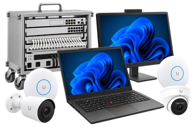 Illustrative UniFi deployment with a compact equipment rack, two U7 Pro access points, bullet and turret cameras, and black Lenovo computers.
