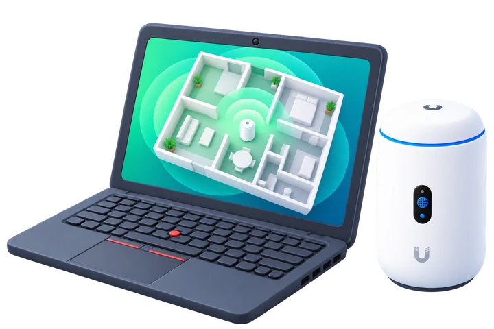 Dream Router 7 beside a black Lenovo ThinkPad laptop.
